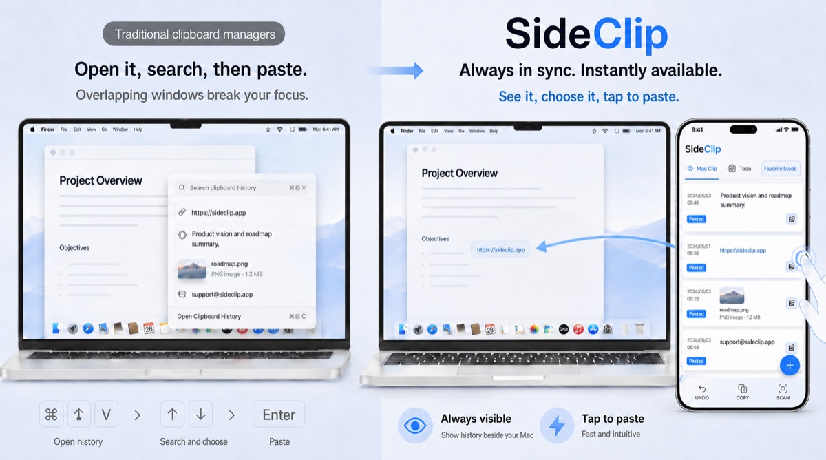 Before-and-after comparison of a traditional clipboard manager and SideClip