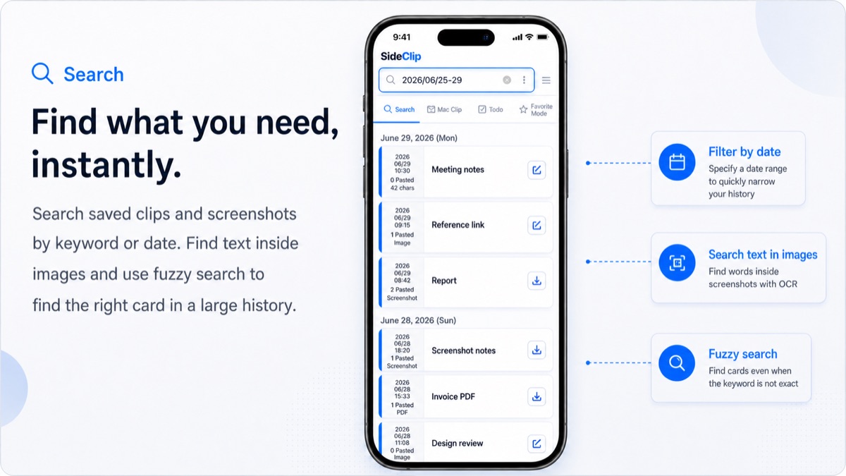 Search screen for copy and screenshot history